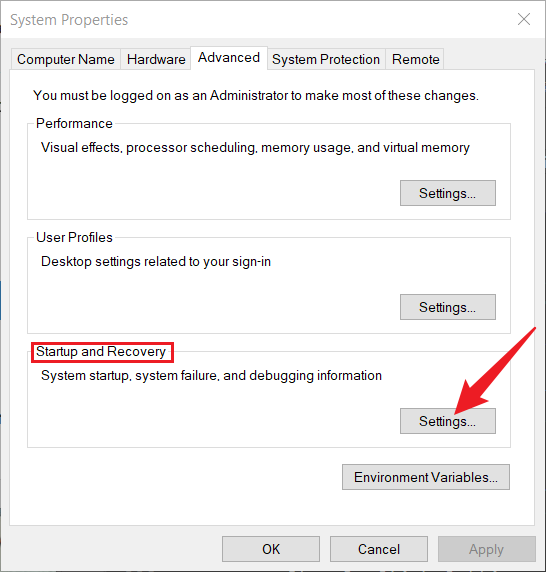 click the settings in startup and recovery